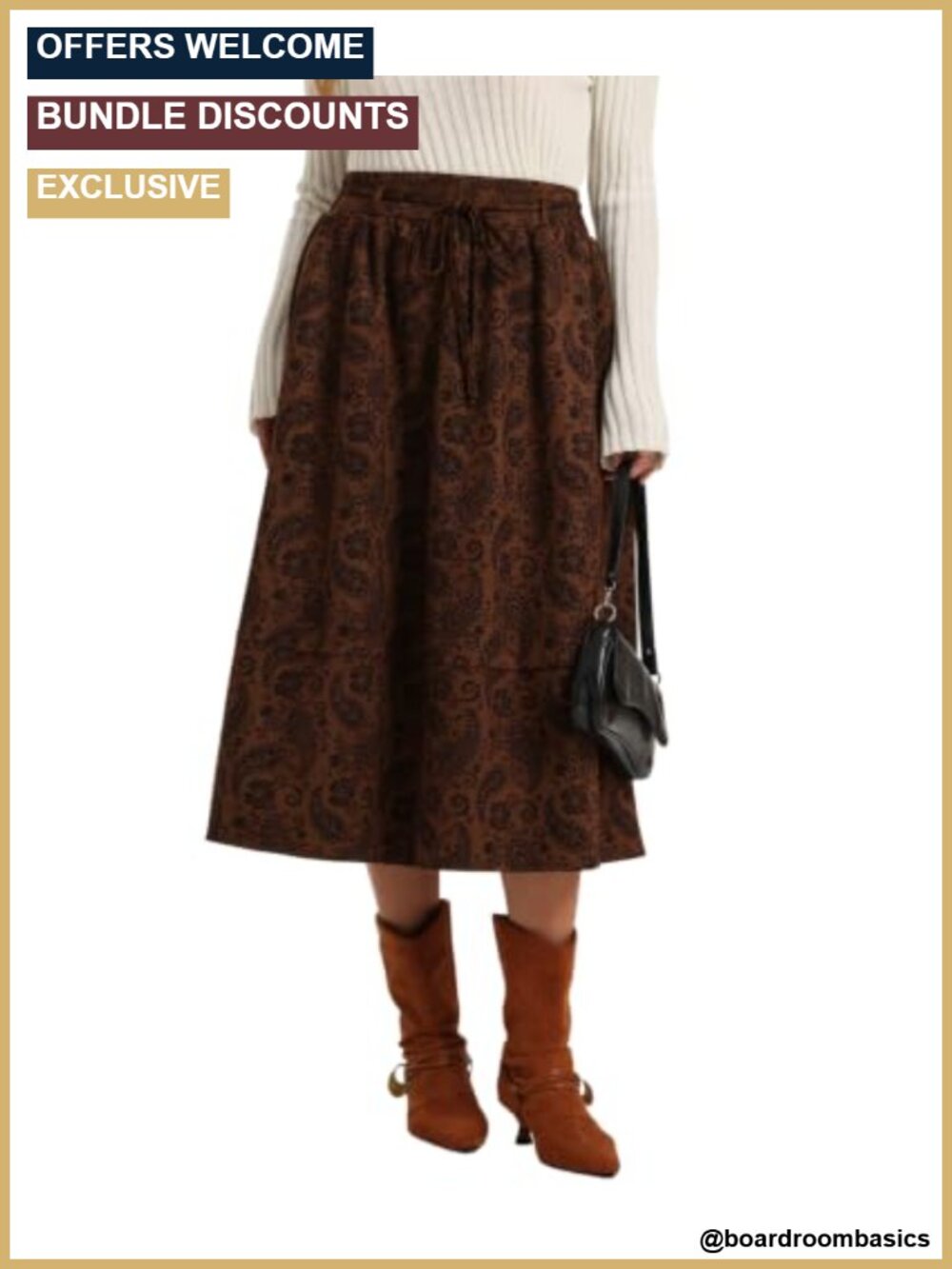 Women's Tie Back Elastic Waist Paisley Floral Printed Faux Suede Midi Skirt